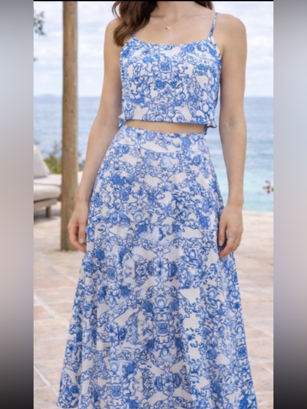 Joie Blue and White Printed Maxi Skirt/Crop Top Set-Summer Elegance! Sz M NWT